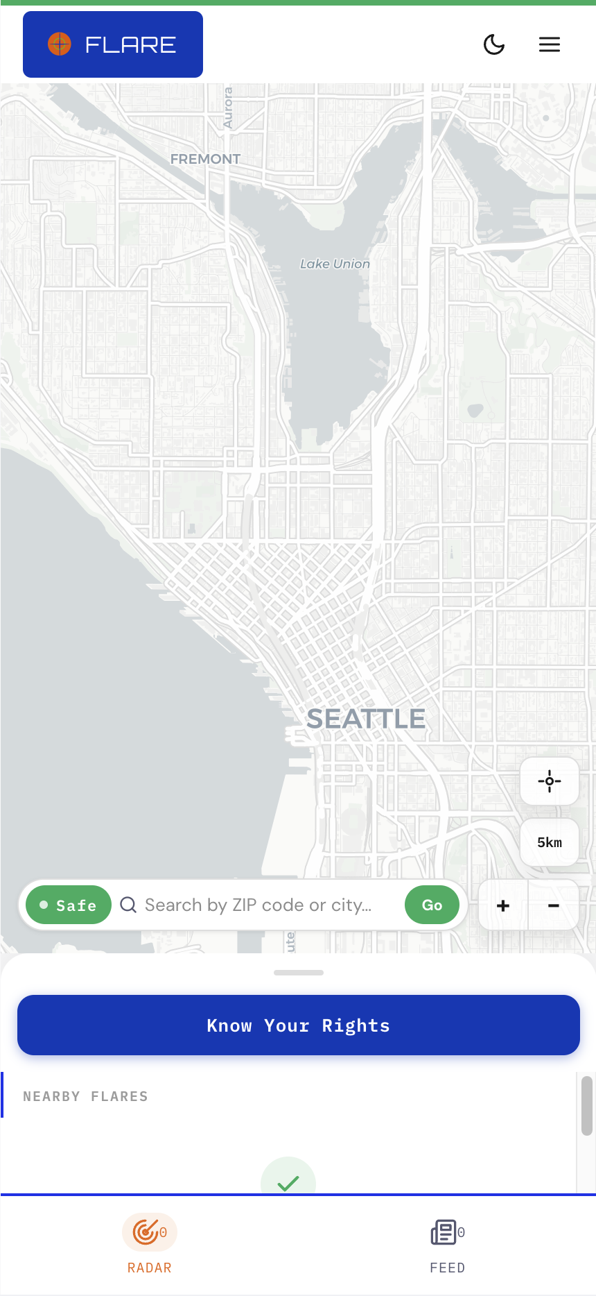 FLARE Seattle view with Safe status